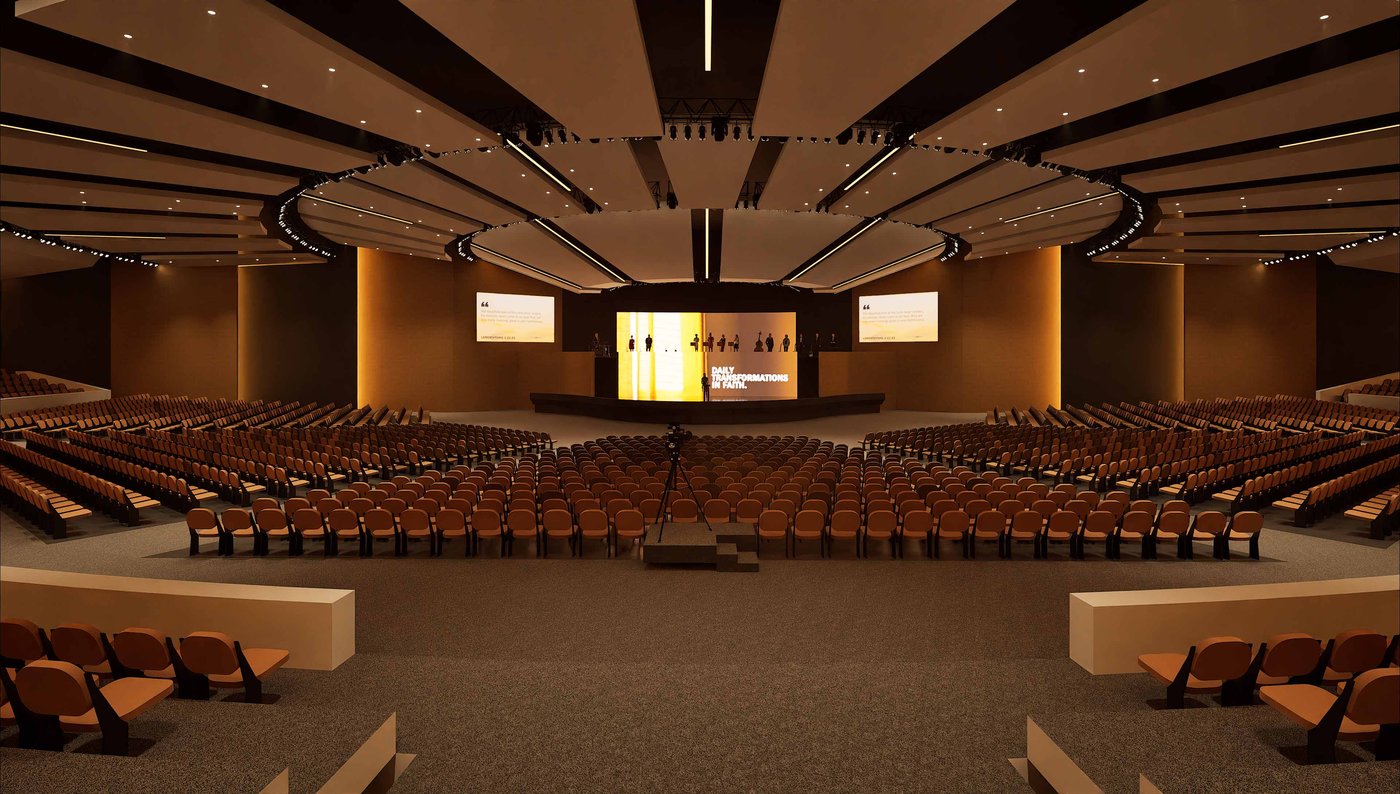 Render del auditorio del futuro templo